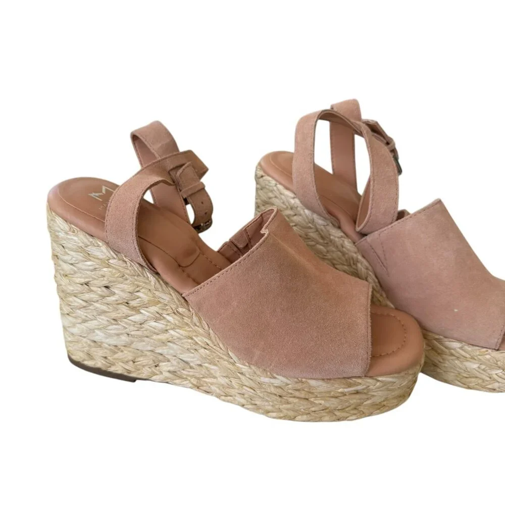 MARC FISHER Nelly Ankle Strap Wedge Espedrille Sandal In peach suede.  S…